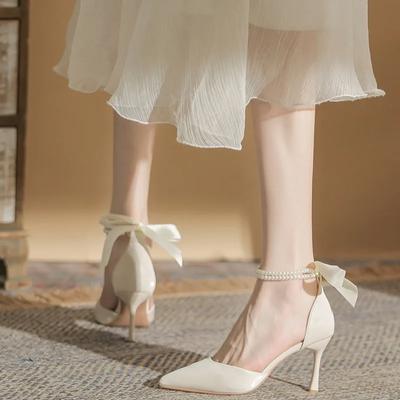 New Women Thin Heel Hollow Sandals Woman Pearl Butterfly Pointed Toe High Heels Womens Shoe Wedding Shoes