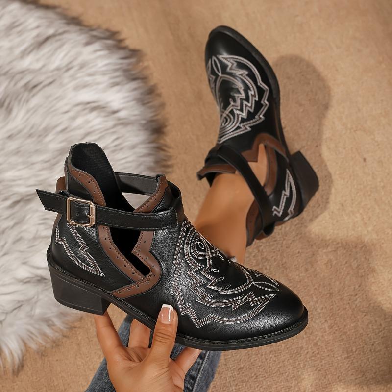 1 Pair Women'S Western Cowboy Boots - Chunky Mid-Heel Square Toe with Buckle Strap Closure, Black Synthetic Cover & Rubber Sole