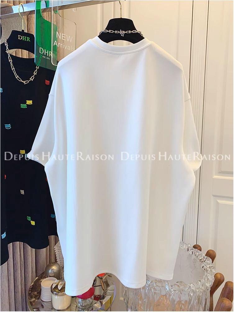 Women's Summer Loose Fit Korean Embroidered T-Shirt - Unique Straight Shoulder Short Sleeve Top