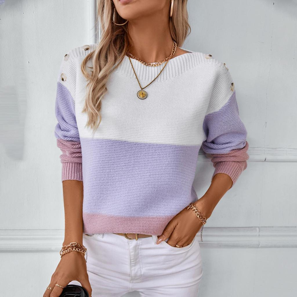 Høst Vinter Vintage Løs Langermet Topp Farge Collision Cardigan Strikket Genser O-hals