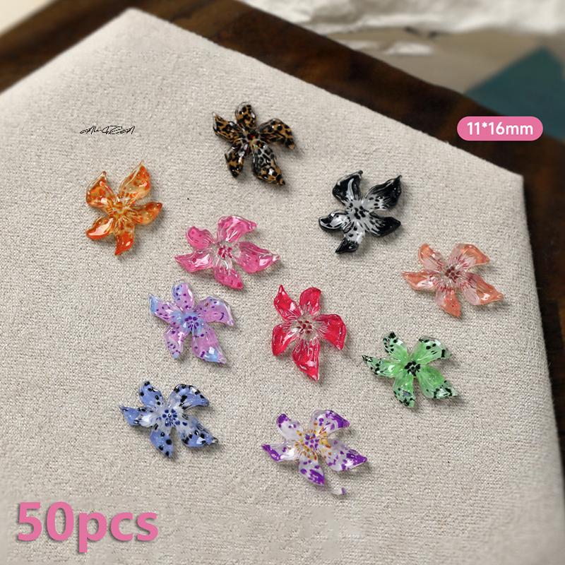 50Pcs Ice Transparent 3D Resin Nail Art Charms Lily Flower Decorations DIY Jewelry Accessories for Manicure