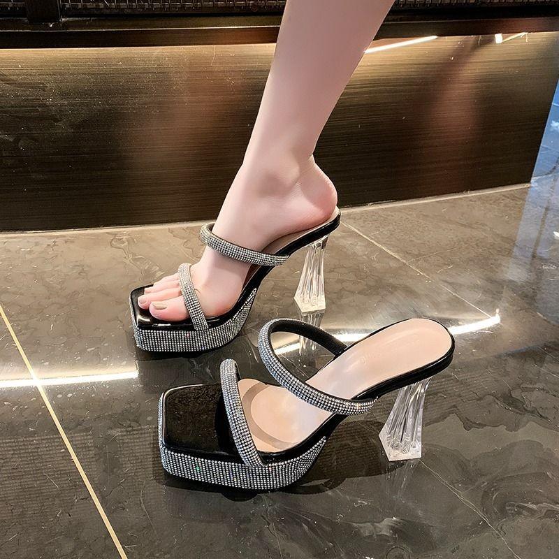

Fashion Rhinestone Sandals Women s Shoes 2025 Summer Trend Fashion Square Toe Crystal Heel Slippers Simple Shiny Vacation with Skirt 35 чёрный