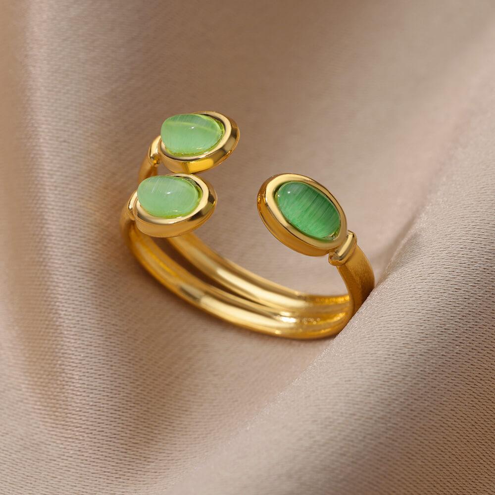 Three Layer Oval Green Stone Opening Rings For Women Stainless Steel Adjustable Opal Ring Wedding Aesthetic Jewelry Gift