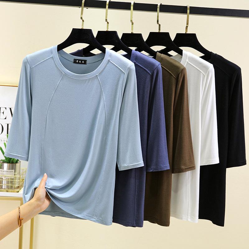

Women s Modal Loose Mid-Sleeve Black T-Shirt - Round Neck, Lightweight Summer Top M (90-105 lbs)