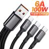 100 Вт 6 А 3-в-1 USB-A на 3 × Type-C Кабель для швидкої зарядки Для Samsung Galacy S24 Xiaomi Redmi Huawei Телефон USB C Кабель для передачі даних
