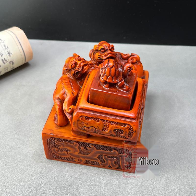 Aged Red Sandalwood Retro Key Pattern Knob: Auspicious Beast Feng Shui Ornament for Home or Study Room.