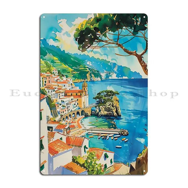 Amalfi Coast Italy Digital Watercolours Metal Sign Classic Pub Garage Printing Custom Tin Sign Poster 20X30CM