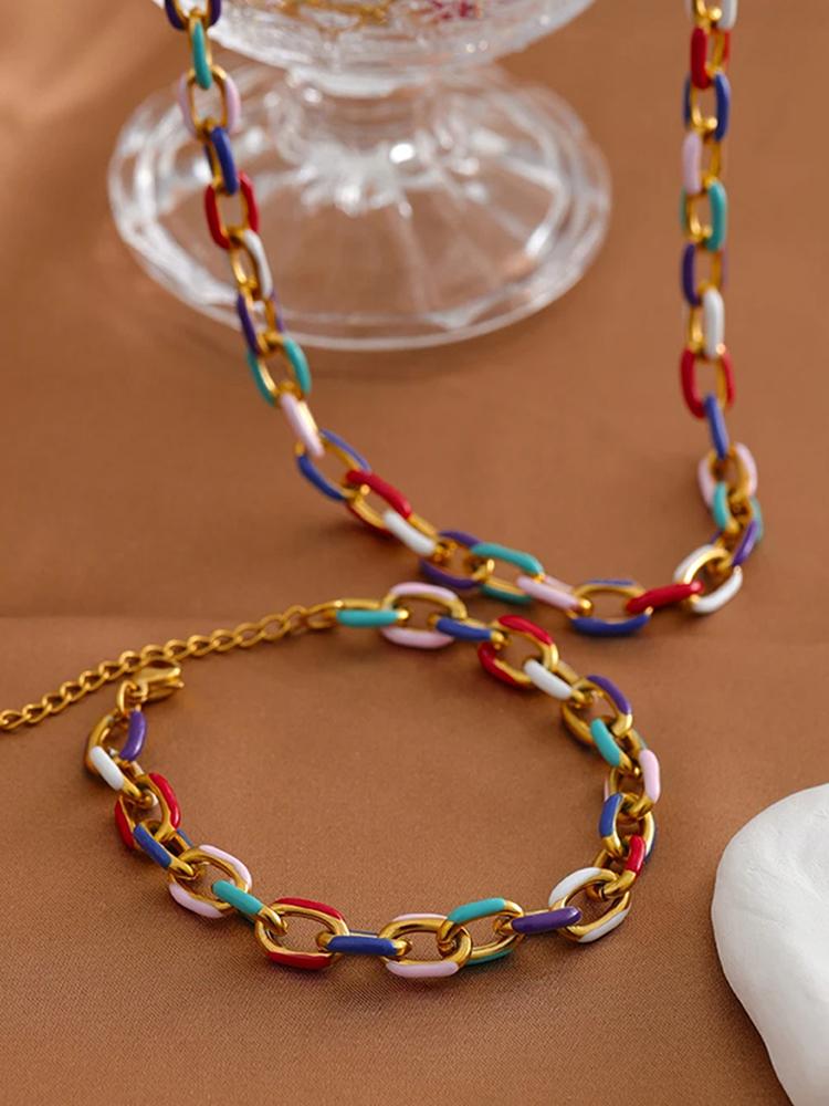 Colourful Enamel Necklace Bracelet For Women Stainless Steel 18K Gold Plated Waterproof Women's Neck Chain Bracelets Zircon Set