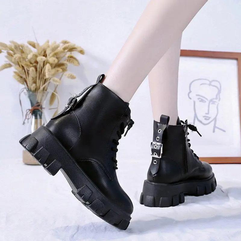 Round Toe Med Heel Boots Women Shoes Autumn Boots-women Booties Ladies Lace Up Luxury Designer Lolita Black 2025 Rubber Flat