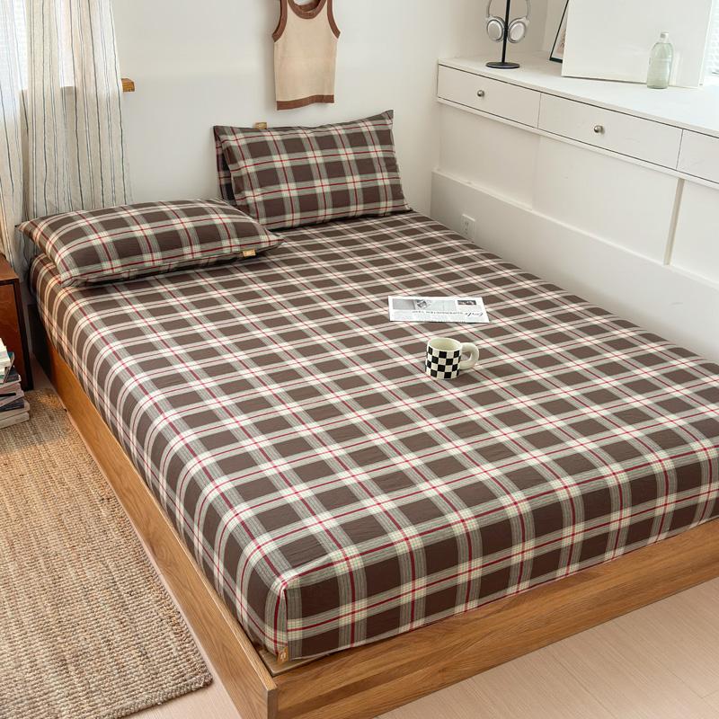 Simple Gray Small Grid Cotton Yarn-dyed Washed Cotton Fitted Sheet Soft and Skin-friendly Light Mattress Cover