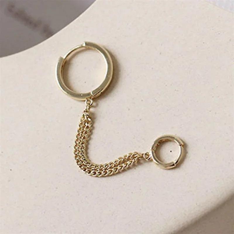 1PC Women's Fashion Double Ear Hole Piercing Hoop Earrings Smooth Simple Hoops Chain Connected Shiny Charming Earring Jewelry