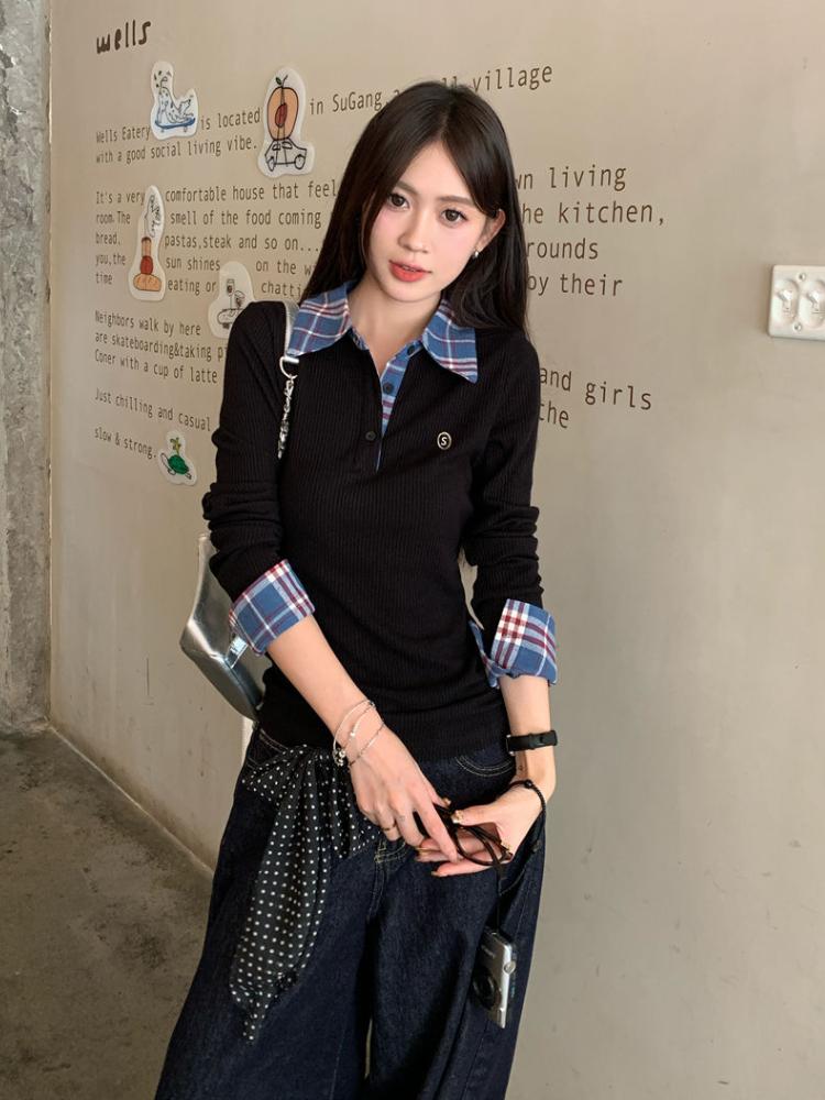 Harajuku Autumn Fake Two Pieces Shirt Women Polo Collar Elegant Long Sleeved Slim Tops Korea Chic Plaid Casual T-shirt Winter