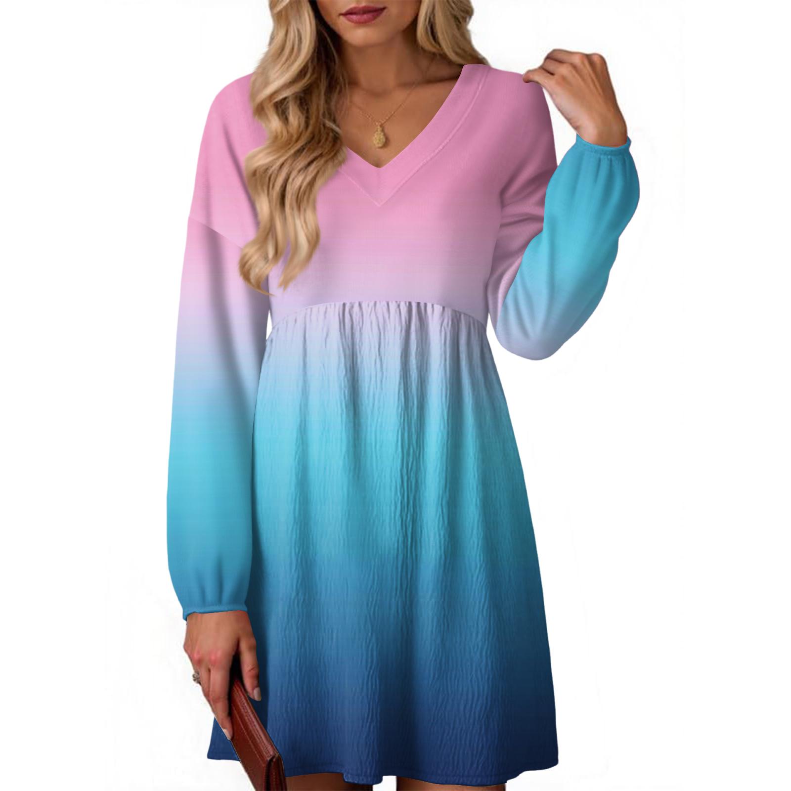 

Женское модное платье с градиентным V-образным вырезом и длинными рукавами XL розовый