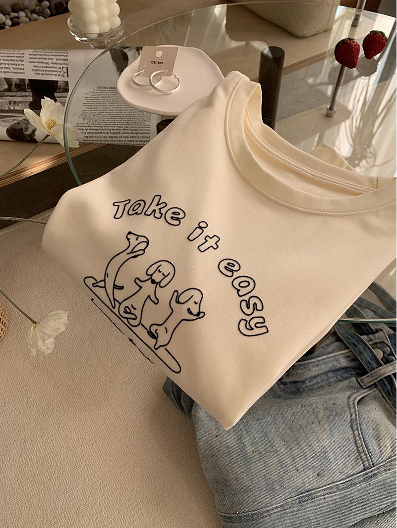 Oumalai Women s Cartoon Puppy Print Round Neck Short Sleeve T-Shirt, Spring Top One Size