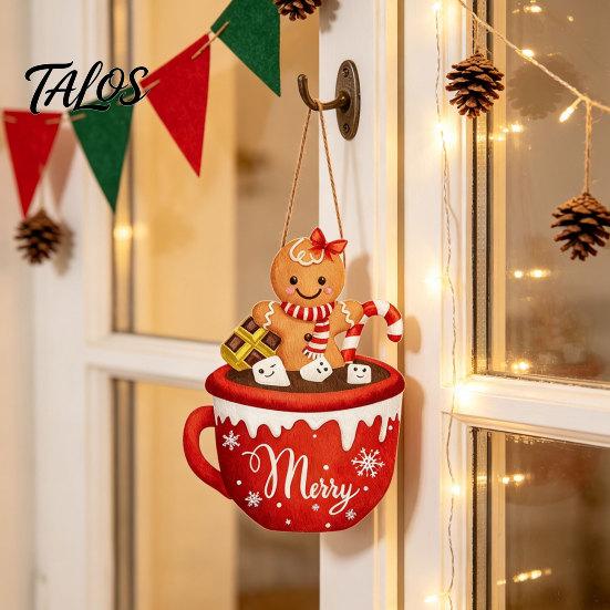 Seasonal Party Hanging Sign Christmas Wooden Sign, Cute Gingerbread Man Hot Cocoa Mug Welcome Door Xmas Holiday Home Decor Hanger for Indoor