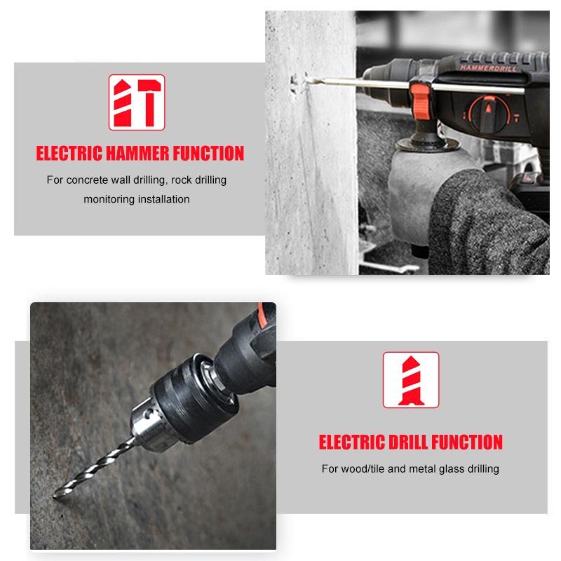 4 IN 1 Brushless Cordless Rotary Hammer Drill 2 Batteries Rechargeable Electric Hammer Impact Drill for 18V