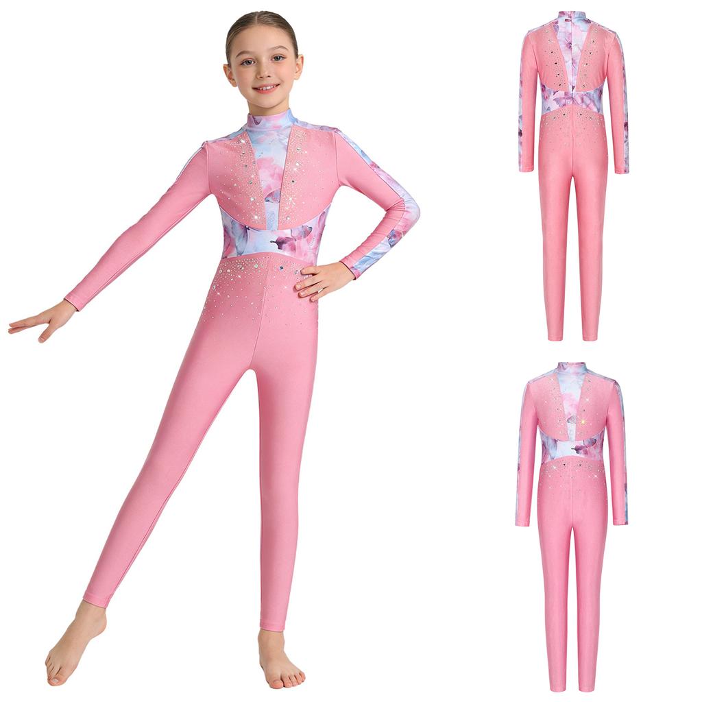 Girls Gymnastics Long Sleeve Leotard Shiny Sequins Rhinestones Back Invisible Zipper Full Body Ballet Figure Skating Performance
