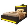Polsterbett 90*200 Hydraulischer Stauraum Kinderbett mit USB und Farbwechsel-LED-Streifen, Graues Leinen Einzelbett