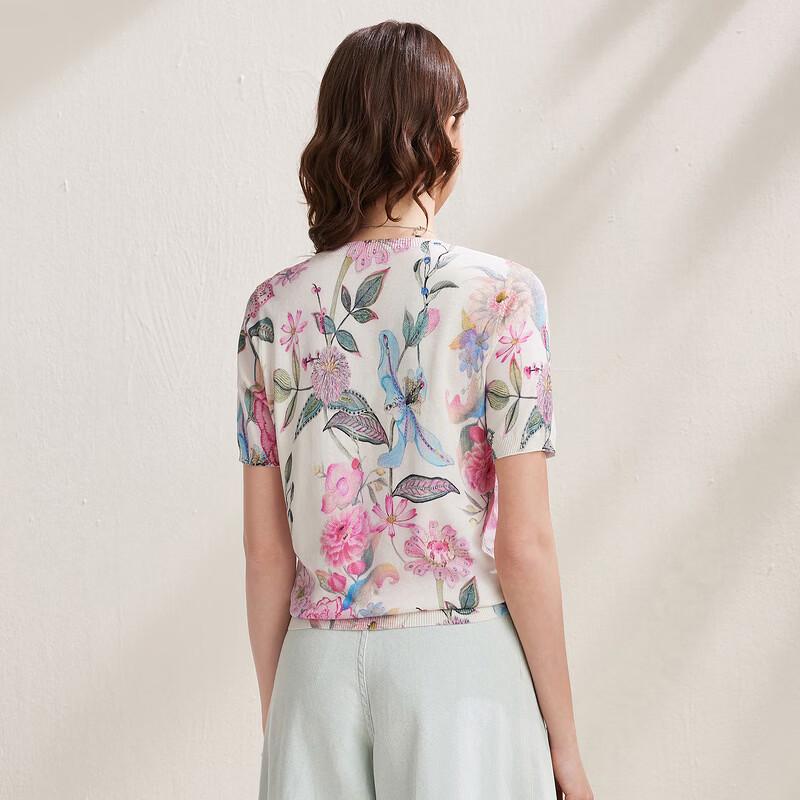 Zhaojun Women's Floral Print Round Neck Silk Blend Knit T-shirt