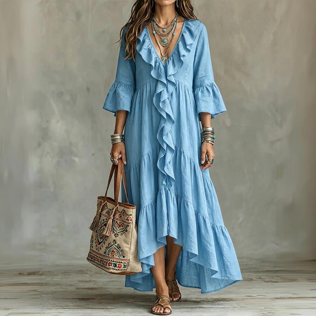 Women's Retro Color V-Neck Three-Quarter Bell Sleeve Ruffle Trim Loose Fit Dress