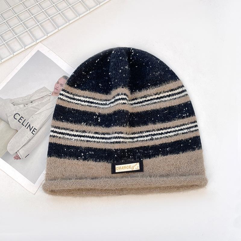 Autumn and Winter Knitted Hats Korean Style Striped Pile Hats Women's New Warm Toe Caps Fashionable and Versatile Ear Protection Woolen Hats