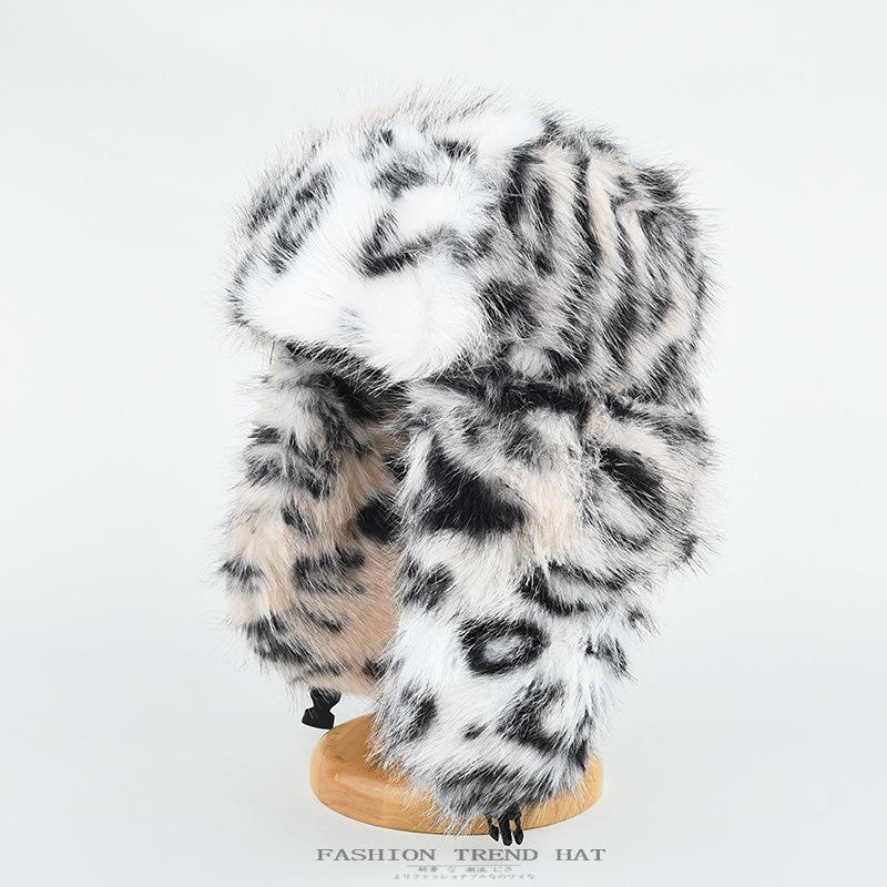 Imitation Rabbit Hair Lei Feng Cap Female Winter Thickened Warm Leopard Plush Ear Protection Imitation Fur Cold Hat Men
