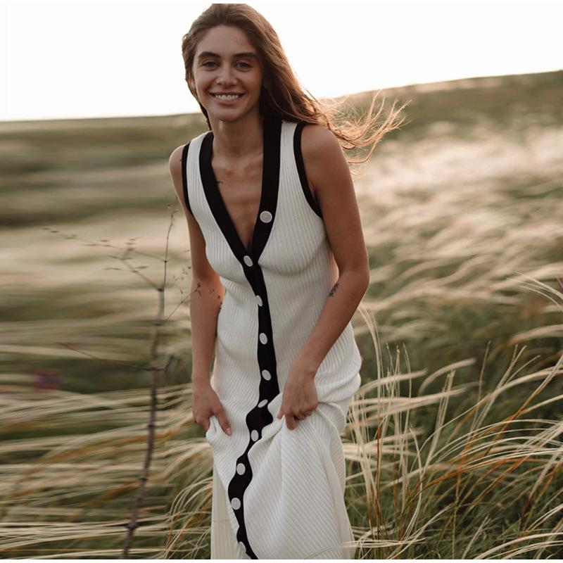 Contrast Knit Long Dress Women Sleeveless V-neck Slim Hip Package Female Dresses Casual Single Breasted Elegant Lady Robe