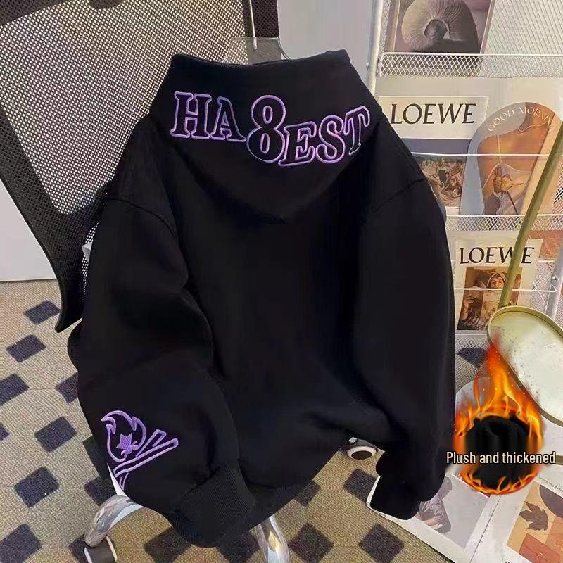 Cross-Border American Rapper Style 351-400g Flame Embroidery Men's Heavyweight Pure Cotton Hoodie