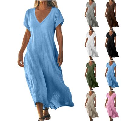 Fashion Women's Solid Color V-neck Long Dress Loose