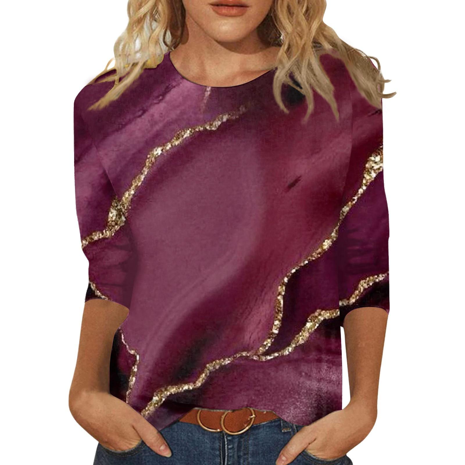 

Женская повседневная модная футболка с круглым вырезом и рукавом три четверти, топ L винный