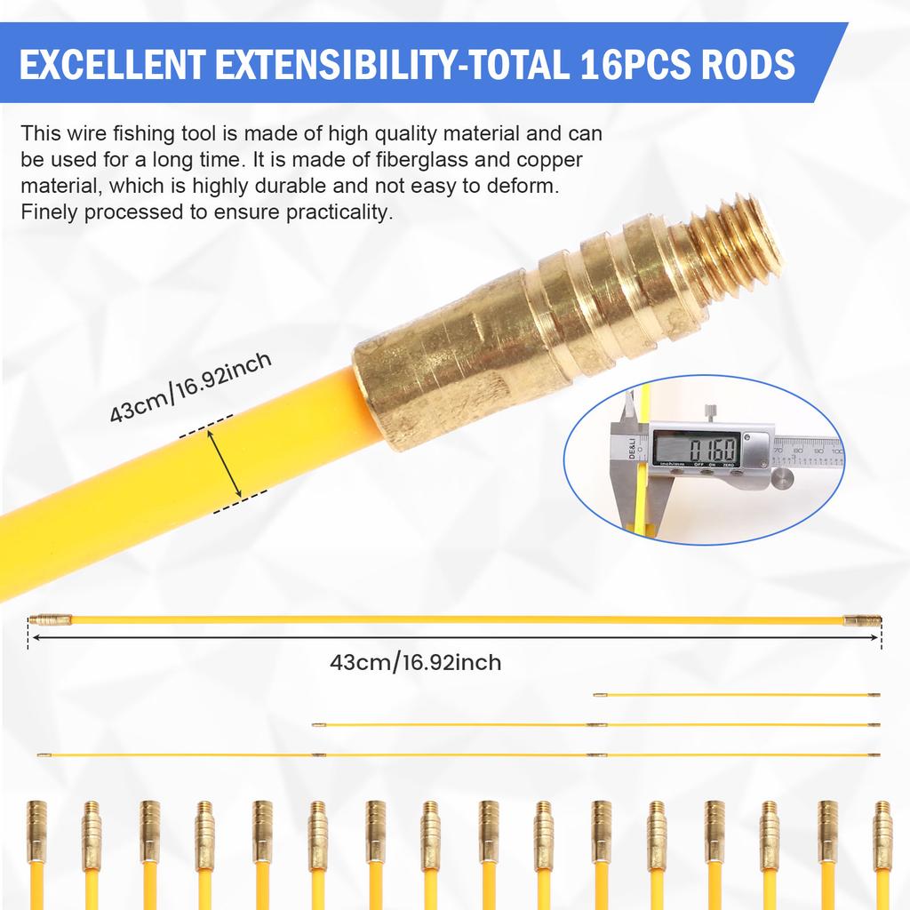 21PCS 43CM Fiberglass Wire Cable Push Puller Service Tools Accessories Hook Rods Wall Electrical Wires for Ceiling Fan Sockets