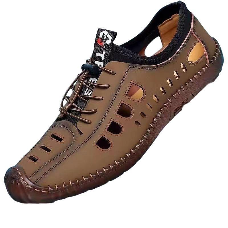New Men's Summer Cowhide Sandals – Breathable, Versatile, Hollow Design for Casual Wear