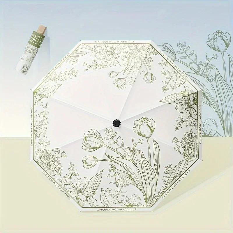 Flower Printed UPF50+ Sun Umbrella Romantic UV Protection Umbrella Vinyl Coating Rain Parasol Sun Shade Folding Umbrellas
