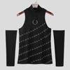 Sleeveless Incerun High Neck Men Striped Eyelet Casual Fitted Rib Tank Tops With Oversleeve