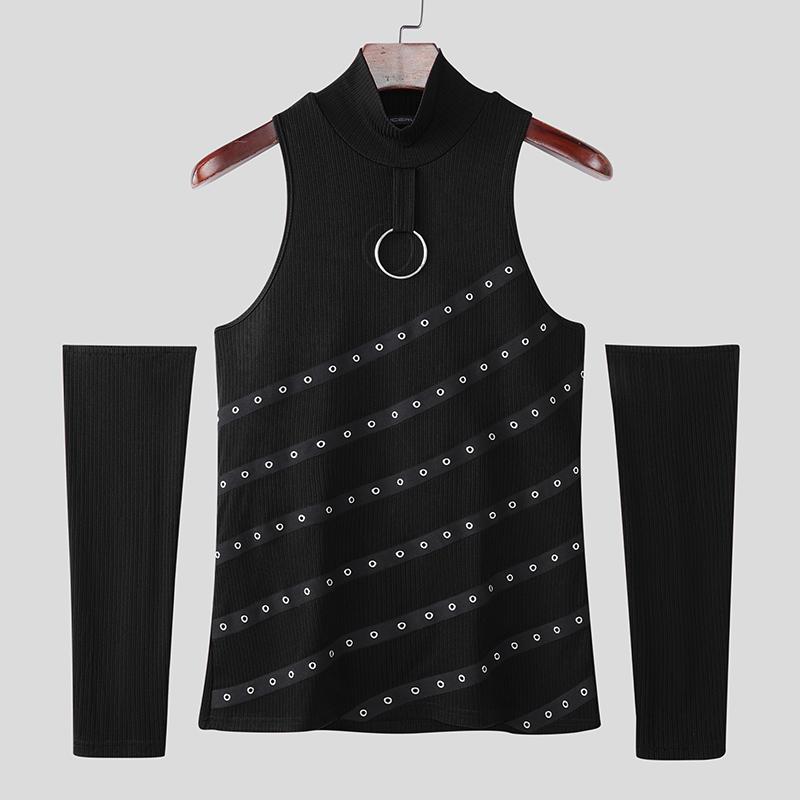 

INCERUN Men High Neck Sleeveless Striped Eyelet Casual Fitted Rib Tank Tops with Oversleeve S чёрный