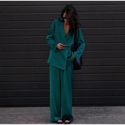 Eleganckie Jednokolorowe Satynowe Spodnie Zestawy 2-częściowe Piżama dla Kobiet Codzienny Luźny Zestaw Piżamowy Długi Rękaw Szerokie Nogawki Spodnie Wiosenne Letnie Stroje