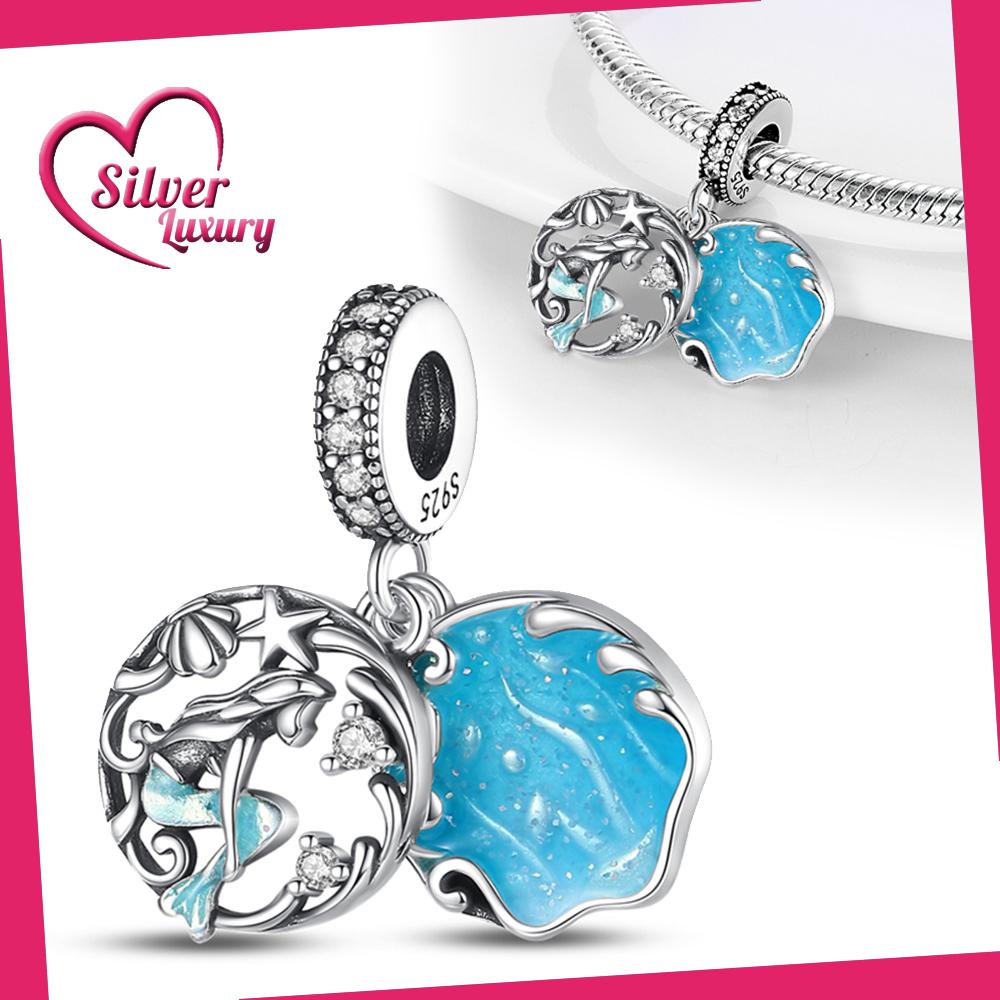 Plated 925 Silver Mermaid Shell Blue Deep Sea Fairy Tale Charms Fit Original 925 Charms Bracelet Beads Jewelry Gifts for Women