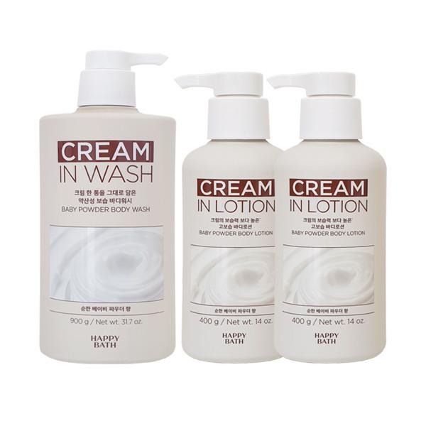 HAPPY BATH Cream-in-Lotion Baby Powder Body Wash 900g + Body Lotion 400g x2