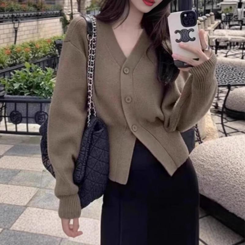 Maglione da Donna Scollo a V Cardigan a Maglia Autunno e Inverno Vita Stretta Corto