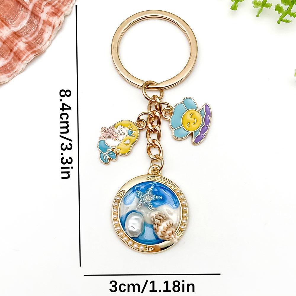 Ocean Drip Keychain: Green Starfish, Conch, Faux Pearl, Round Tag, Alloy Pendant