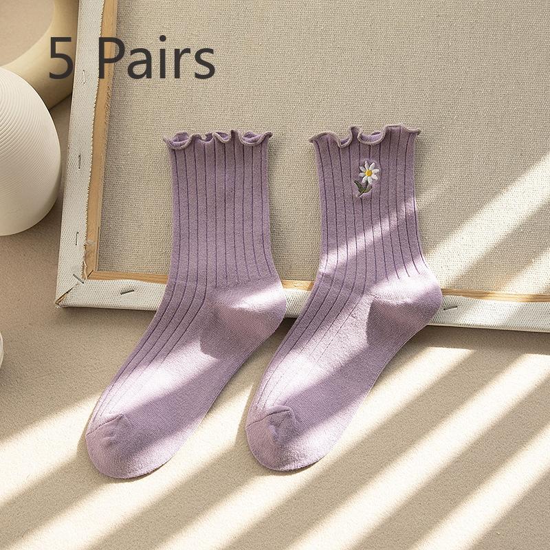 5 Pairs of Female Cotton Sweet Lace Fashion Fungus Edge Floral Embroidery Medium Tube Pile Socks