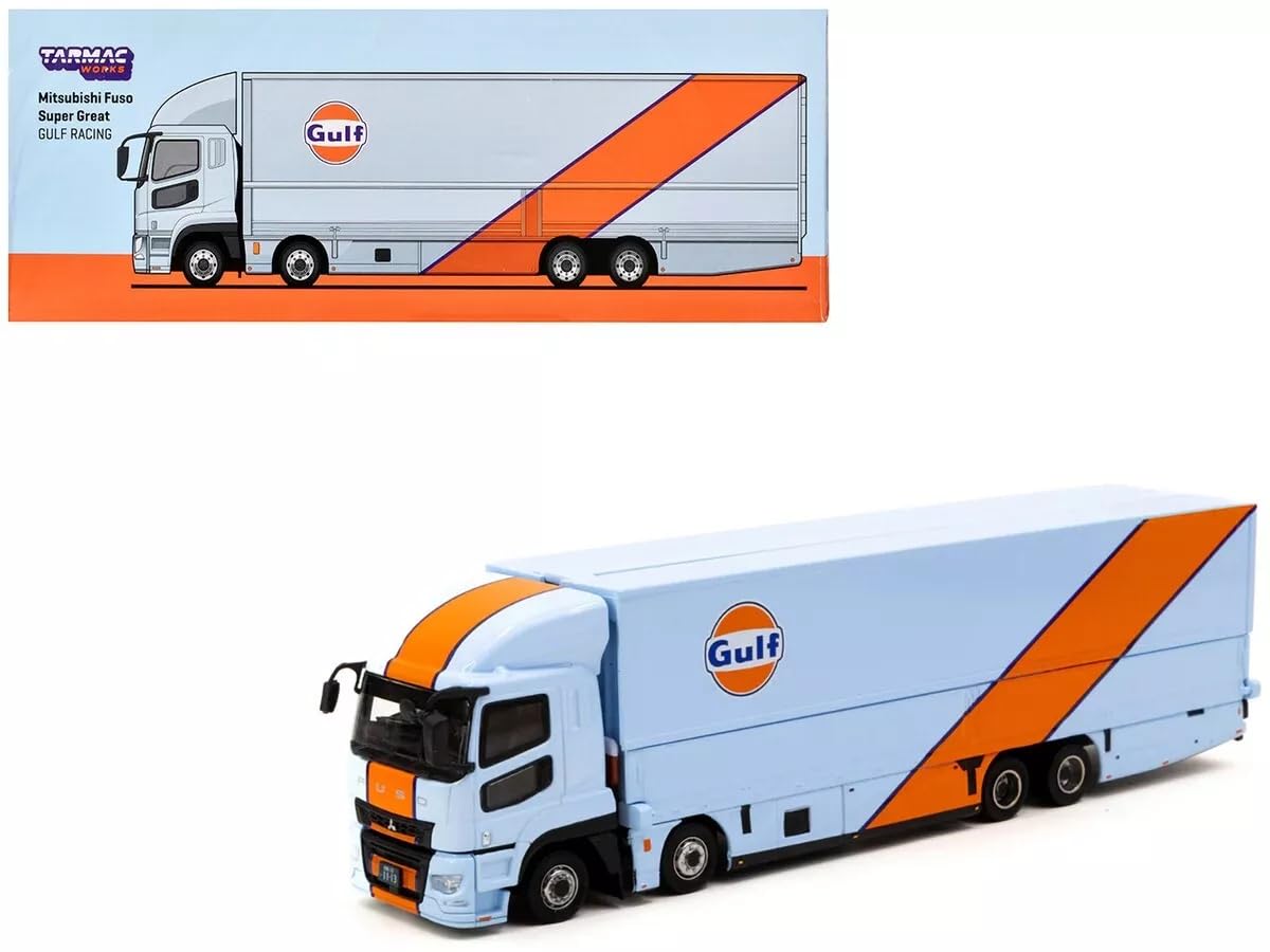 

Tarmac Works Mitsubishi Fuso Super Great Truck Gulf Racing Transporter Tarmac Works Fuso Super Great Transporter GULF Racing Diecast Car 1/64 [Used] синий