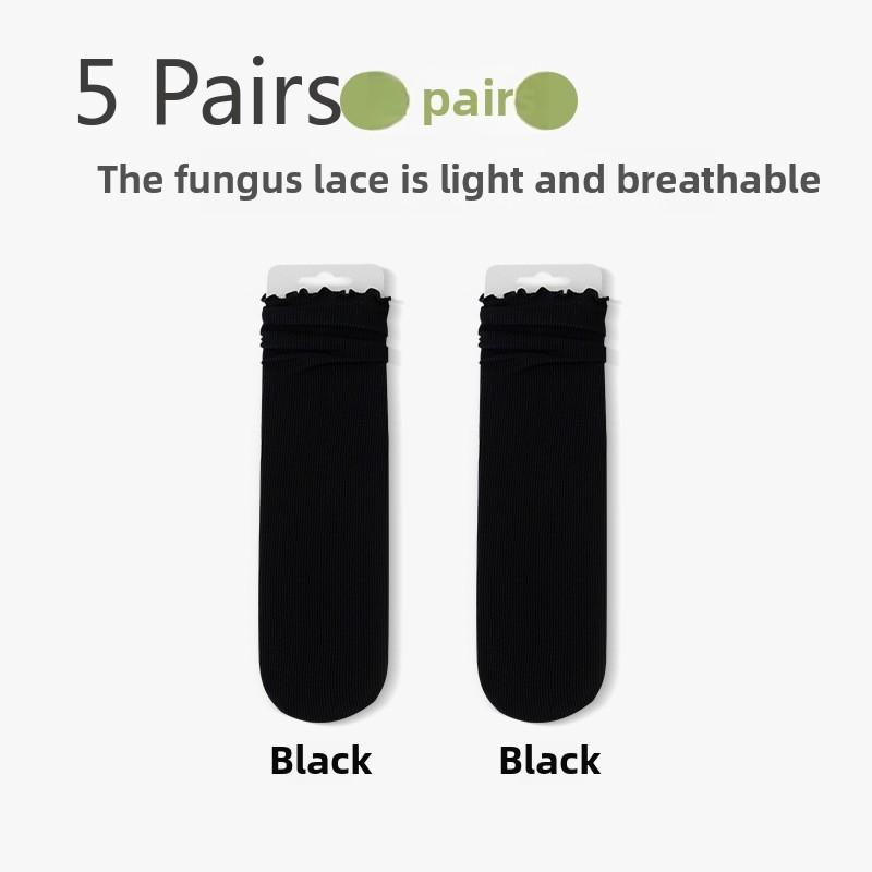 5 par Koronkowe Skarpetki Lodowe Damskie Średniej Długości Letnie Cienkie Średniej Długości Jedwab Lodowy Krawędź z Drewnianym Uchem ze Skórzanymi Małymi Butami Skarpetki Frotte