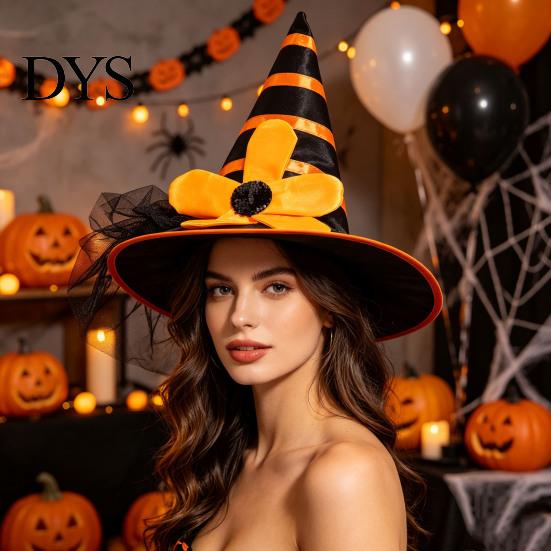 Soft Playful Witch Hat Halloween for Women Girls, Large Striped Wizard Costume with Flower Accessories, Cosplay, Party Festive Parties