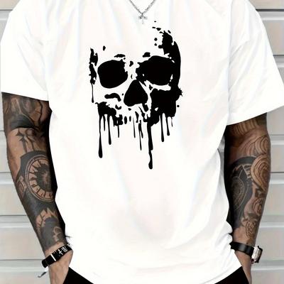 2025 Men's Casual Cotton T-Shirt with Black Skull Drip Graphic Print Regular Fit Short Sleeve Round Neck Tee Men Clothing