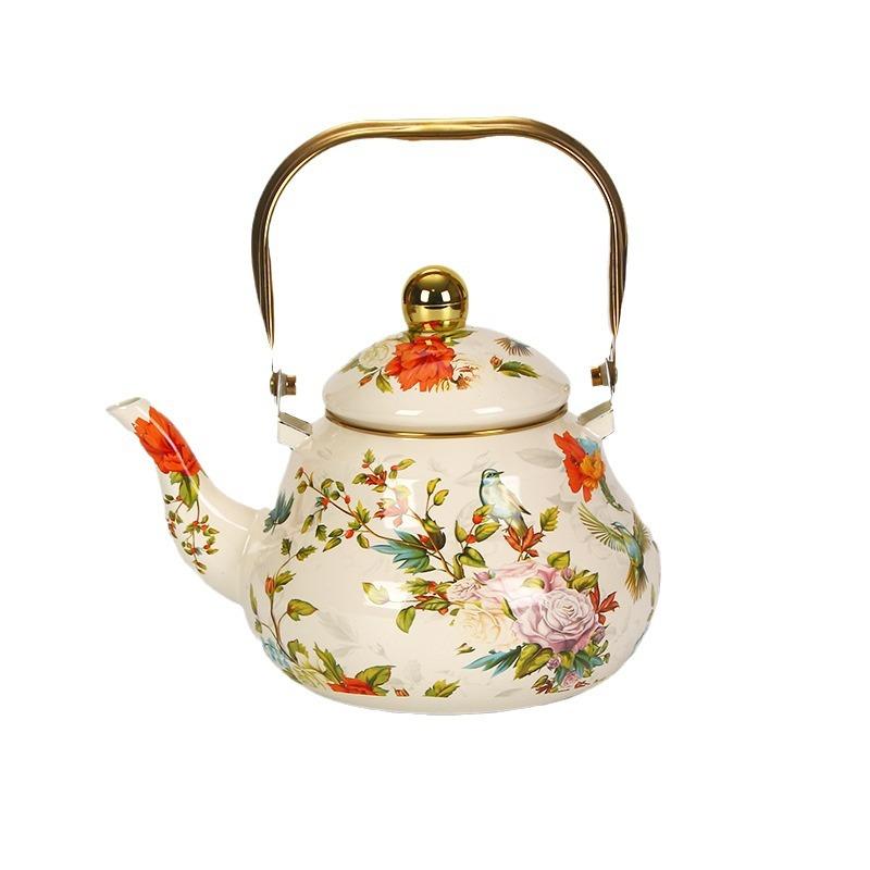 1.5L Vintage Enamelware Kettle Classic Enamel Teapot with Golden Handle for Stovetop Use Kitchen Decor Gift for Tea Lovers
