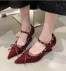 Fashion Retro Designer Red Bowknot Heel Women Shoes Fashion Pointed Toe Rivet Pumps Stripper Party Fotwear Female Wedges Mary Jane Shoes