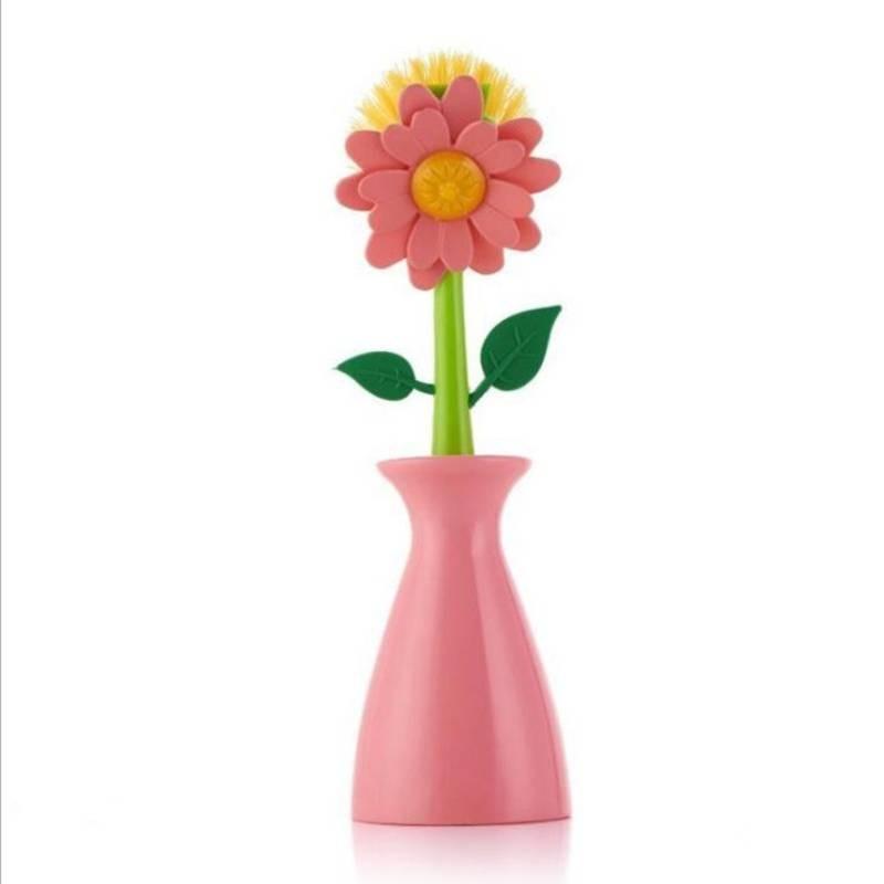 Long Flower Handle Pan Brush Storage Bottle Cleaner Creativity Decoration Tool