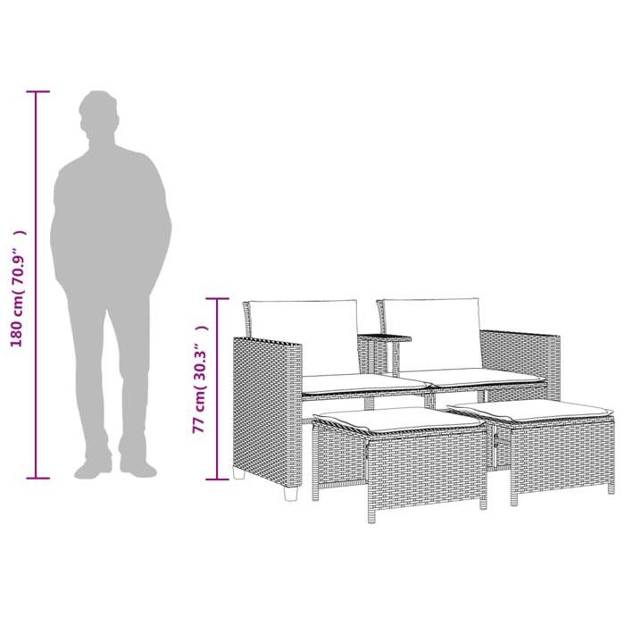 VidaXL Canapé de Jardin 2 Places avec Table et Tabourets, Fauteuils avec Coussins, Mobilier d'Extérieur Patio, Moderne, Gris 368421