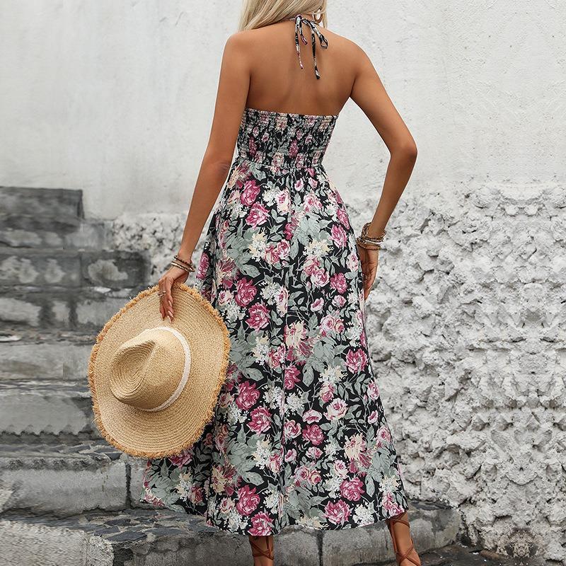 Vacation Backless Floral Printed Suspender Dress
